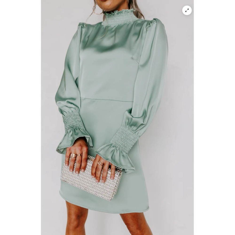 Impressions Dress Womens M Green Satin Smocked Neck Cuff‎ Ruffle Mini Easter NEW